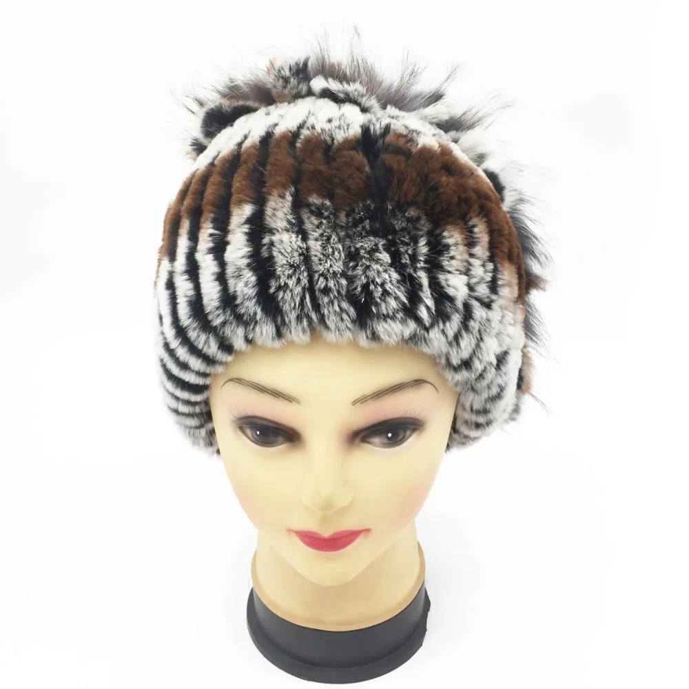 Женская зимняя трикотажная Шапка бини из натурального меха кролика|knitted cap|rex rabbit