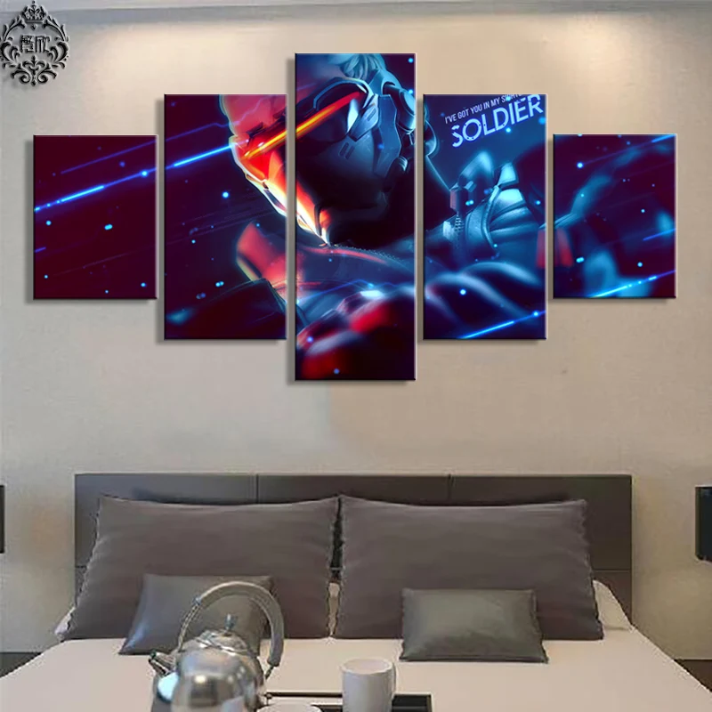 

Modern Wall Art Painting 5 Panel Overwatch Soldier 76 Game Poster Home Decor For Living Room Canvas Printed Pictures Artwork
