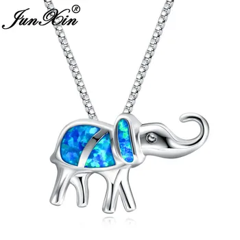 

JUNXIN Cute Animal Elephant Pendant Necklaces For Women 925 Sterling Silver Filled White Blue Fire Opal Necklace Female Jewelry