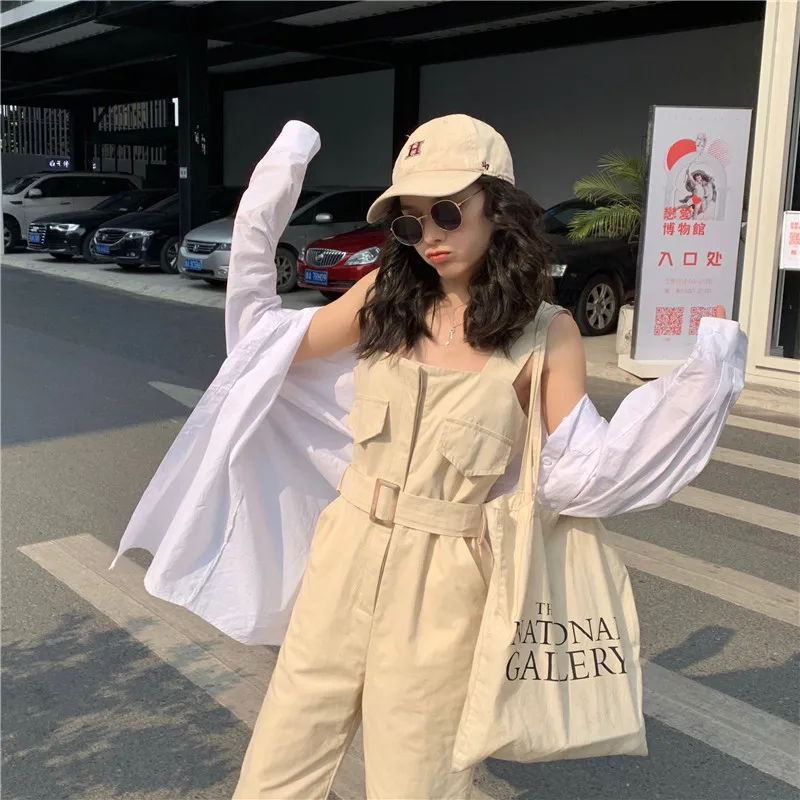 Style Casual Jumpsuit Women 2019 Fashion Solid Square Collar Sleeveless With Sashes Beige Blue Straight Cotton Overalls bodysuit Style Casual Jumpsuit Women 2019 Fashion Solid Square Collar Sleeveless With Sashes Beige Blue Straight Cotton Overalls bodysuit