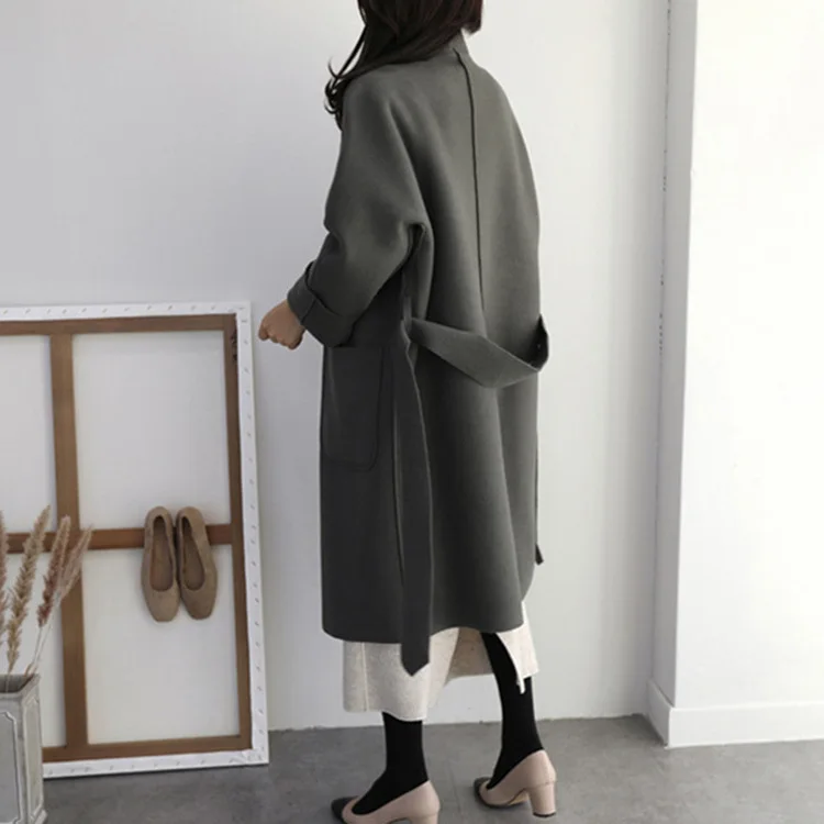 Офисные женские свободные длинные зимние модные шерстяные пальто с поясом и отложным воротником, шерстяное пальто и куртка с карманами, пальто Femenino