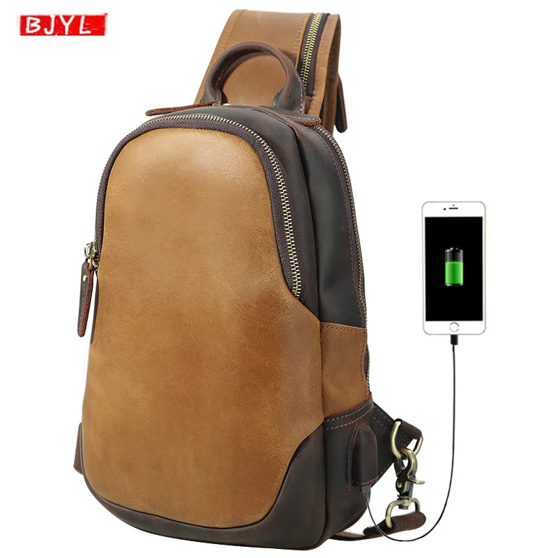 

New crazy horse leather Men's chest bag Messenger bag retro leather crossbody bag USB charging men Large capacity shoulder bag