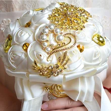 Ручная работа атласная роза Свадебные букеты Искусственные Свадебные События подружек невесты Handholds индивидуальные букет ручной кристалл