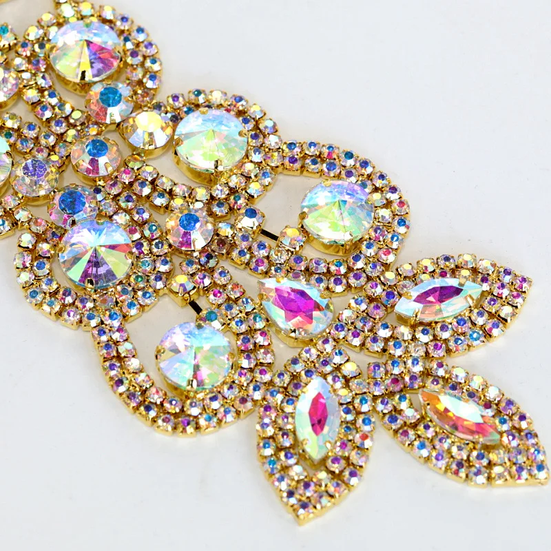 1pcs 18X5cm Crystal AB Sew On Rhinestones Applique Gold / Silver Bottom