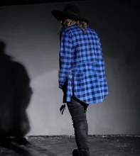 Hip hop tyga mens red Tartan plaid shirts Long sleeve side gold zipper man extended casual bule Lattice shirt