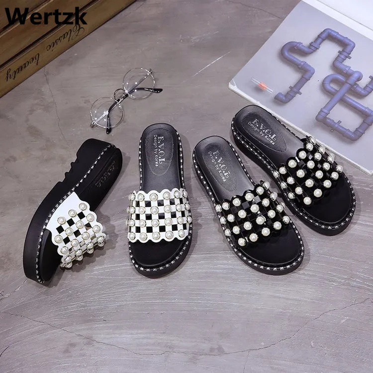 

Wertzk 2019 New pearl slippers for women summer web celebrity fashion wear sandals outside zapatos de mujer woman shoes E322