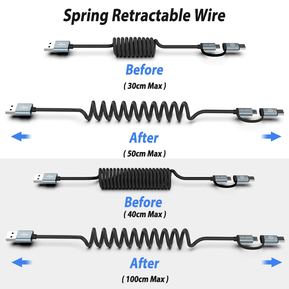 2а Выдвижной Micro usb type C кабель для зарядного устройства 2 в 1 пружинный спиральный Android USB-C кабель для быстрой зарядки мобильного телефона 1 м 0,5 м короткий