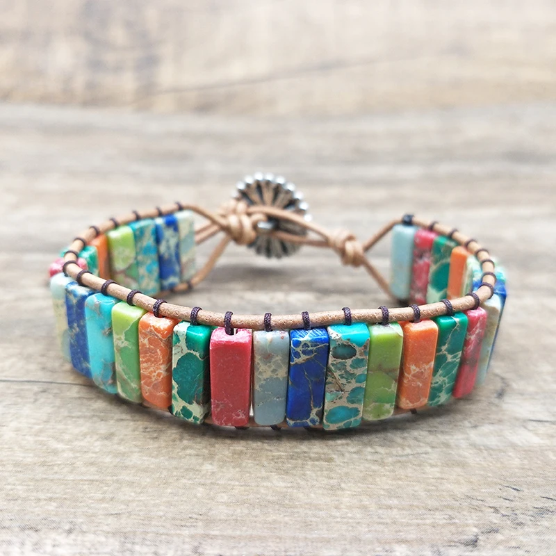 

Shuangsheng Chakra Bracelet Jewelry Handmade Multi Color Natural Stone Tube Beads Leather Wrap Bracelet Couples Bracelets gifts