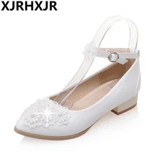 XJRHXJR/Большие размеры 30-47; женская обувь на плоской подошве с милым кружевом и жемчужинами; женские модельные туфли принцессы; сезон весна-лето