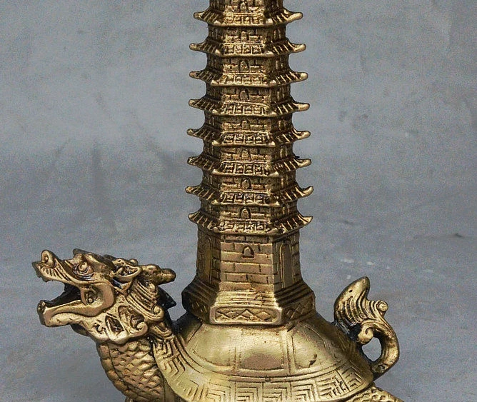 

8" China FengShui Brass Dragon Turtle Carry Stupa Pagoda WenChang Tower Statue