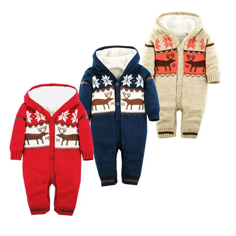 Baby Christmas Knitted Fleece Rompers Kids girls Jumpsuits Cotton Long