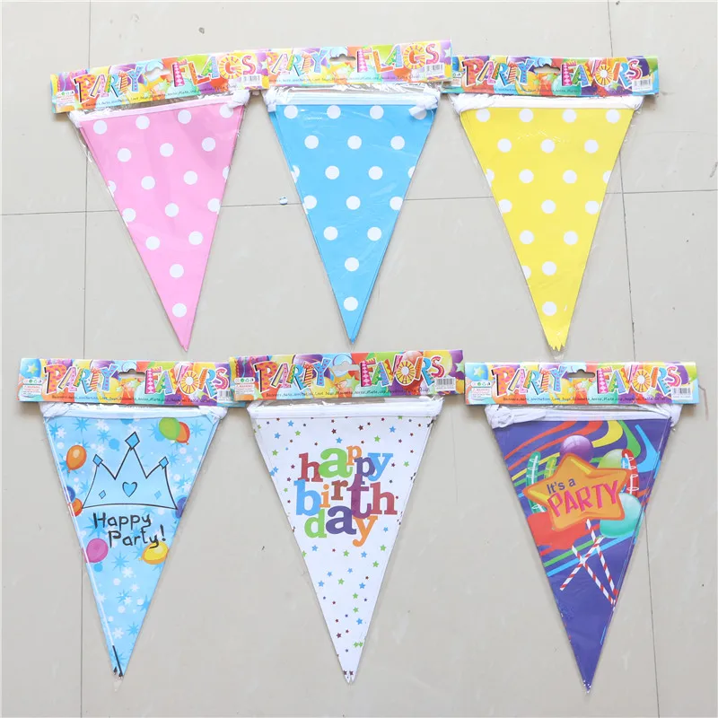 

1 set kids favors black polka dot background hanging baby shower Wedding blue bunting banner happy birthday party yellow flags