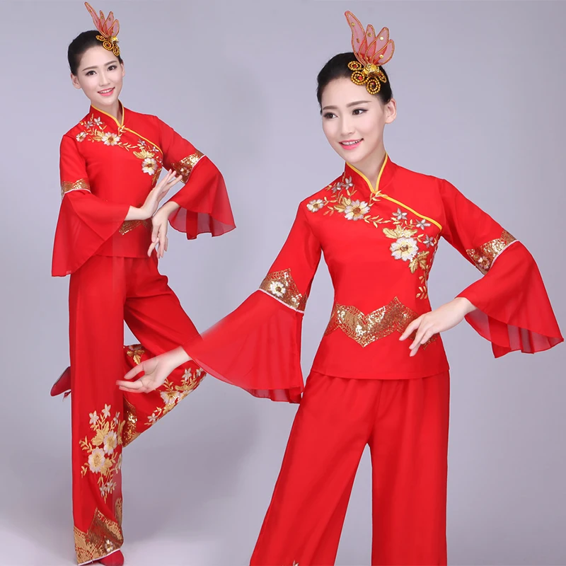 Китайский стиль, ханьфу, костюмы одежды Янко, женская Танцевальная квадратная танцевальная одежда фаната, костюм китайского народного танца для женщин