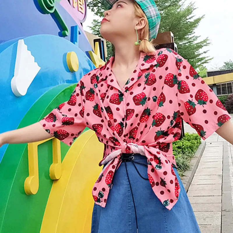 2019 New Women Blouses Holiday Casual Short Sleeve Tops Ladies Strawberry Printed Shirt Korean Summer Fashion Women Clothing - 33036611931