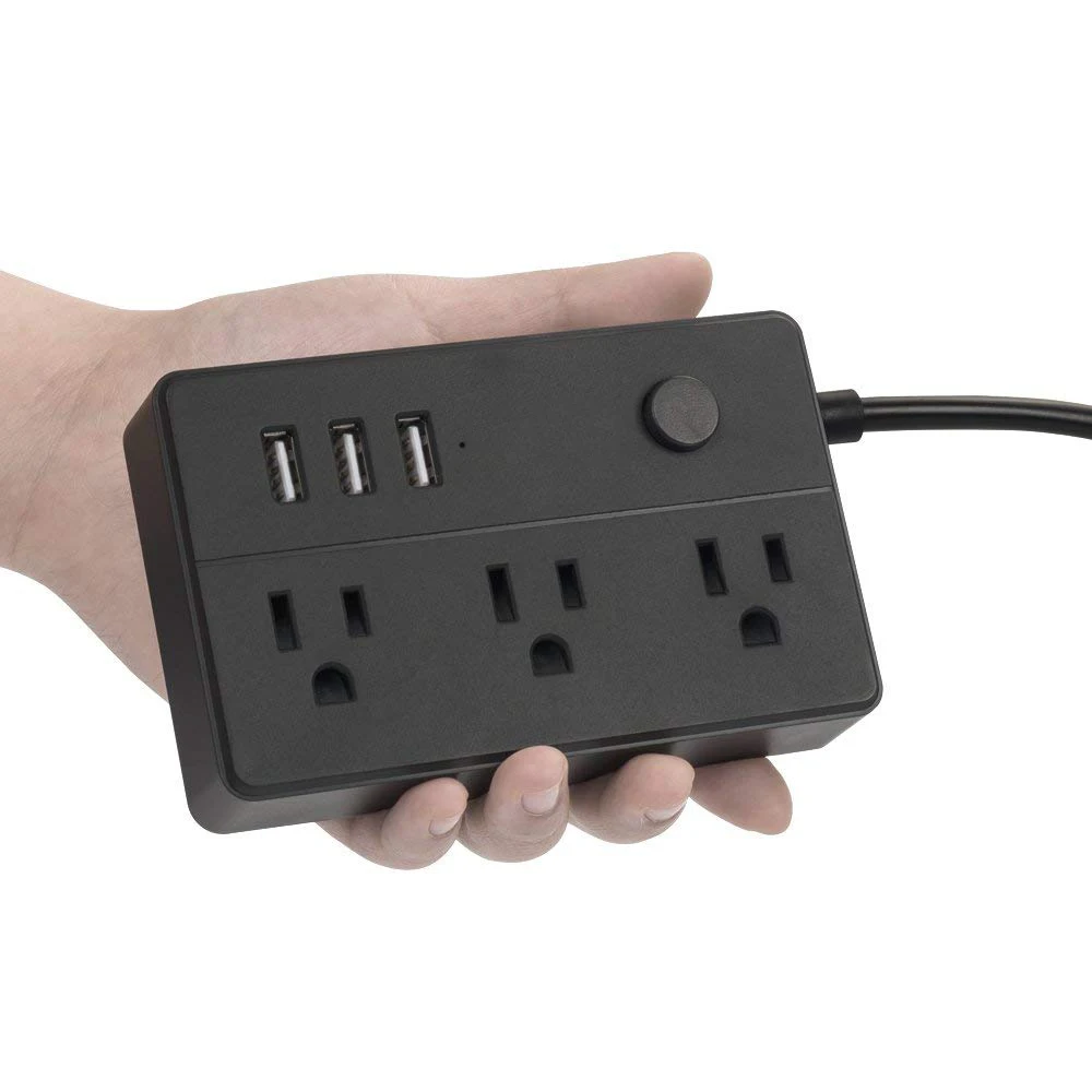 portable power strip with 3 outlet surge protector and 3 USB charging ports for bedside table, desktop, home, office, travel