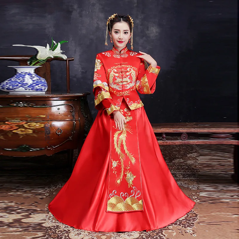 Красный Традиционный китайский Костюмы Для женщин традиция Дамы Вышивка Феникс Cheongsam Qipao Свадьба Oriental вечернее платье халат