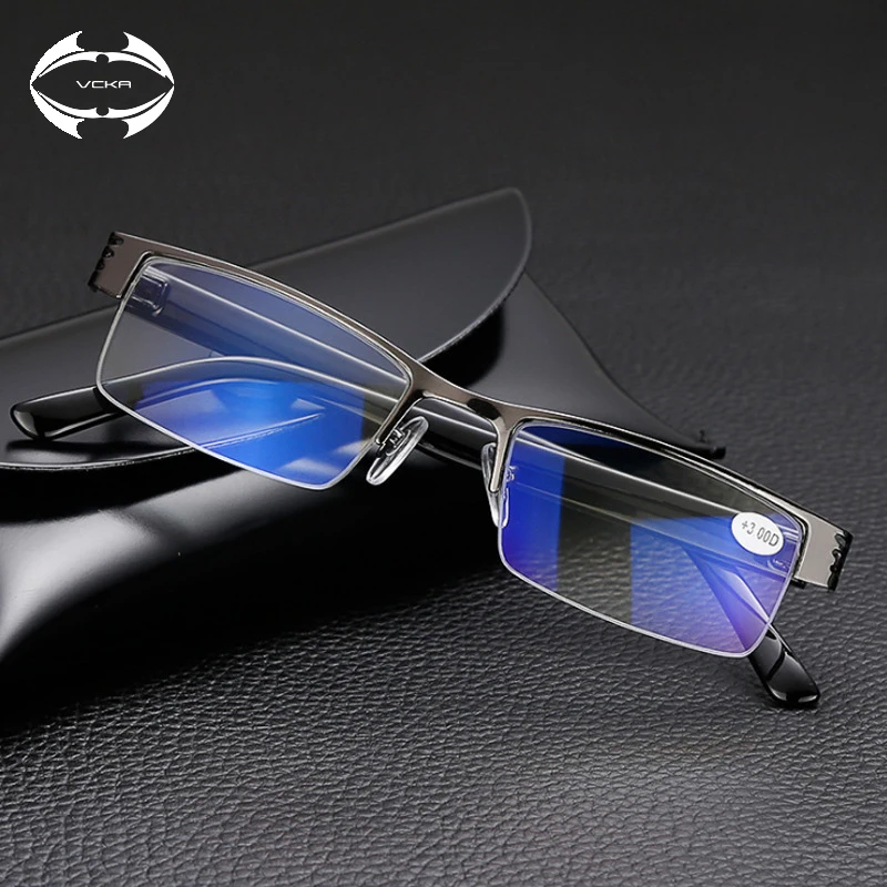 

VCKA Blue Film Resin Reading Glasses Men Women Square Metal Frame Eyewear +1.00 1.50 2.00 2.50 3.00 3.50 4.00 Diopter