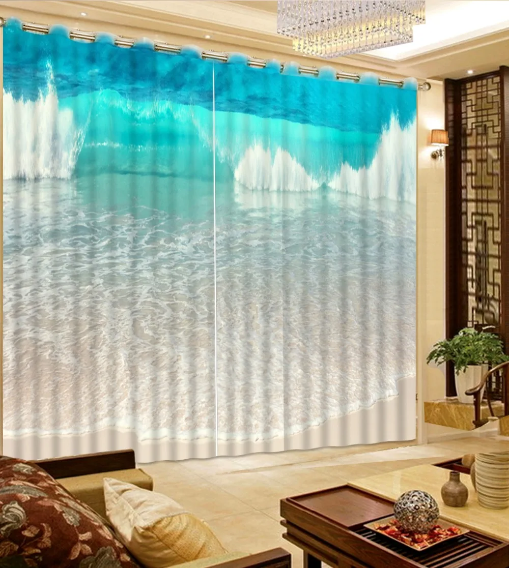 home decor modern custom curtains Sea beach blue waves photo print
