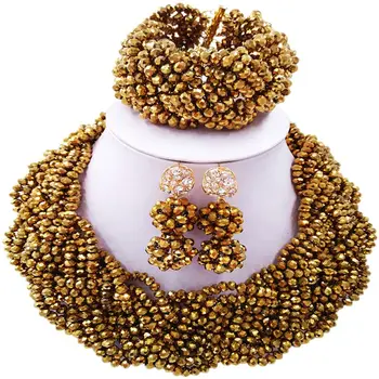 

African Gold Color Lovers Engagement Crystal Beads Women Bridal Necklace Jewelry Sets 12C-BZ-12