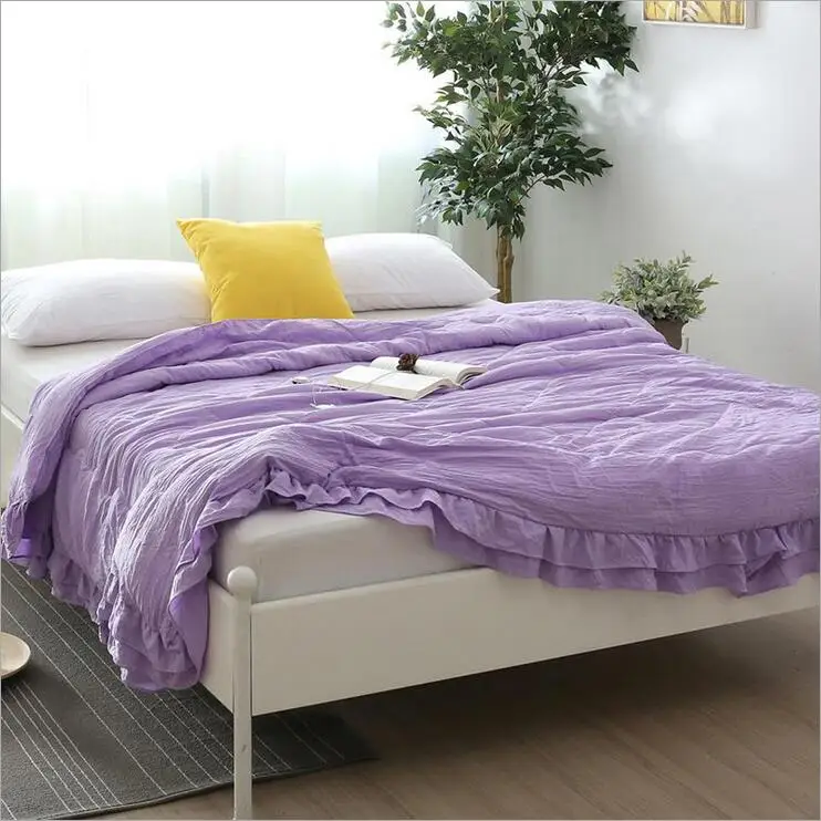 Plain Color Air Quilt with Ruffle Mechanical Wash Blanket Comforter for Autumn Summer Duvet