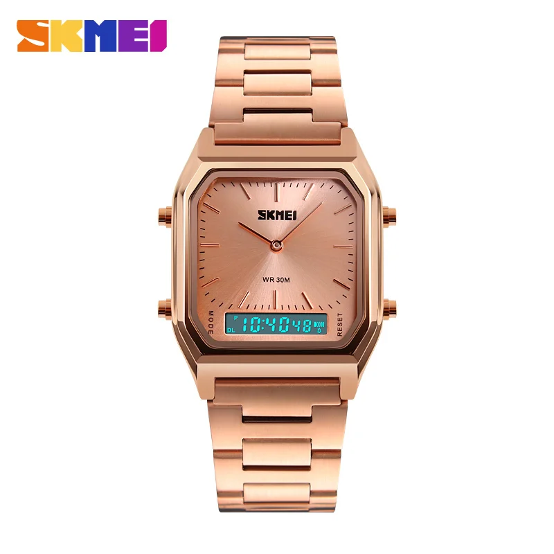 SKMEI Dual Time Sports Watches Men Fashion Casual Quartz Wristwatches Stainless Steel Strap Chronograph Waterproof Male