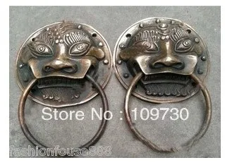 

bir 0092 Oriental Bronze A Pair old Lucky statue foo dog lion Fengshui door knocker 7cm