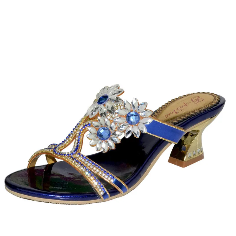 2018 Summer New Korean Female Blue High-heeled Elegant Sandals Comfortable Thick Heel Casual Shoes Rhinestone