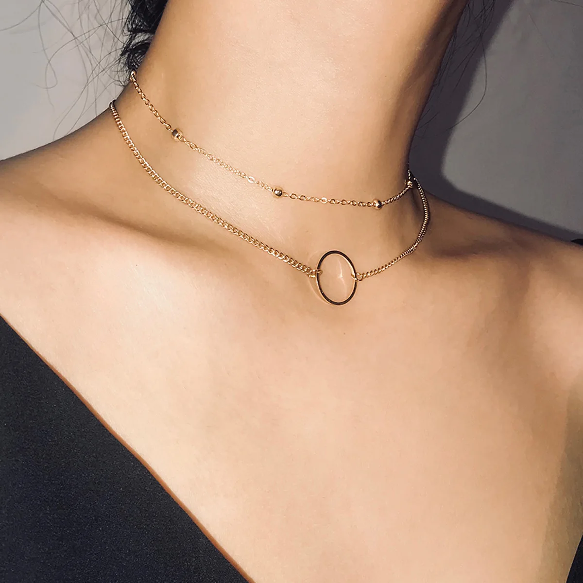 

2019Tiny Round Double Layer Chain Choker for Women Gold Silver Link Collar Necklace Simple Bohemian Choker Necklace Jewelry Gift