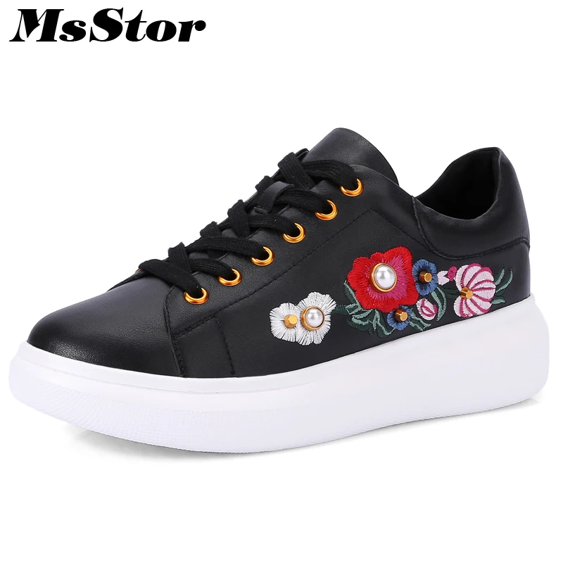

MsStor Round Toe Cross tied Women Flats Casual Fashion Ladies Flat Shoes 2018 Spring Crystal Embroider Flower Women's Flat Shoes