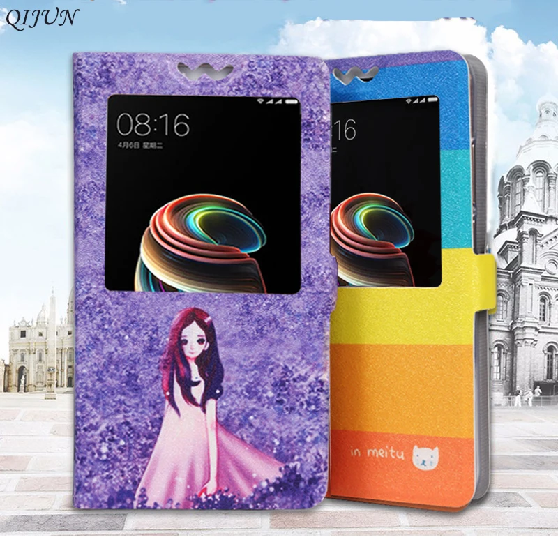 

QIJUN Flip Window Painted Case For Cubot X18 Plus H2 H3 R9 R11 Case Note S Plus Rainbow 2 Magic PU Leather Stand Cover Fundas