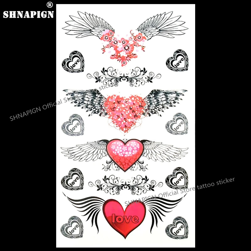 

SHNAPIGN Angel Wings Love Heart Temporary Tattoo Body Art Arm Flash Tattoo Stickers 17*10cm Waterproof Fake Henna Painless