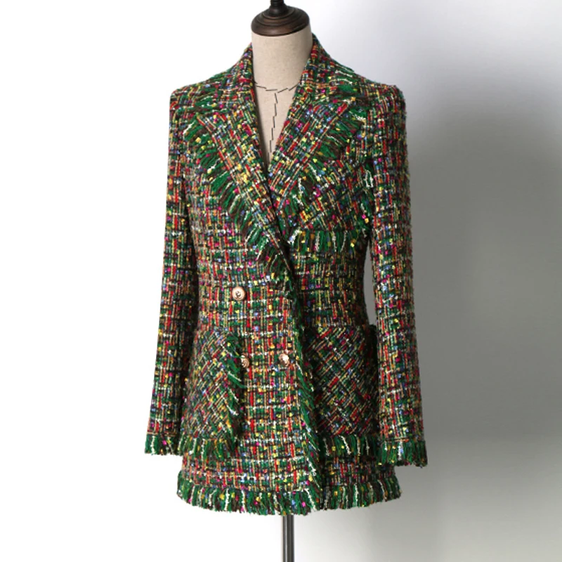 

Green tweed jacket long section Double-breasted Spring / Autumn women's Coat new ladies was thin jacket Coat