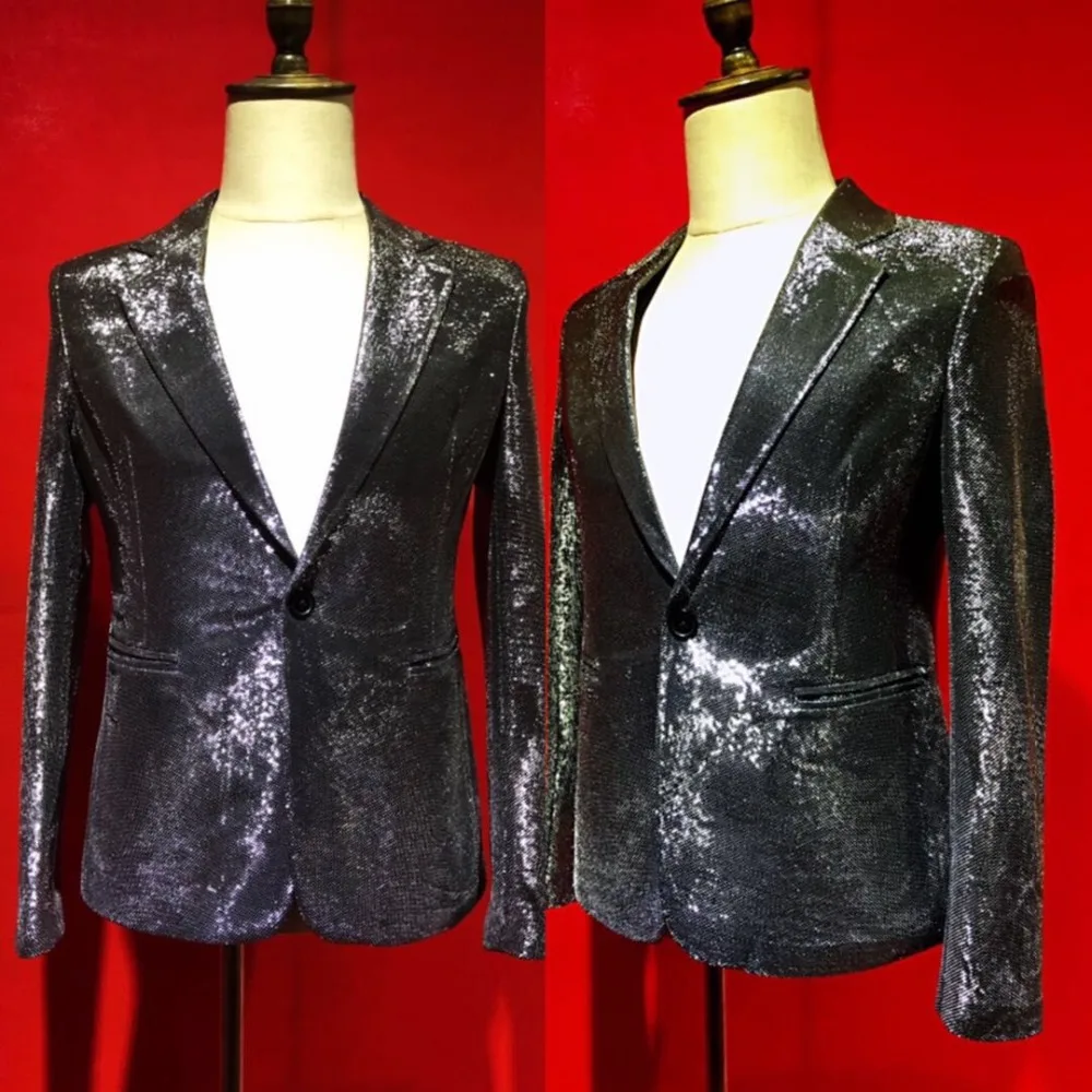 Sparkly Black Full Sequins Slim Men's Suit Jacket Male Singer Dance Bar