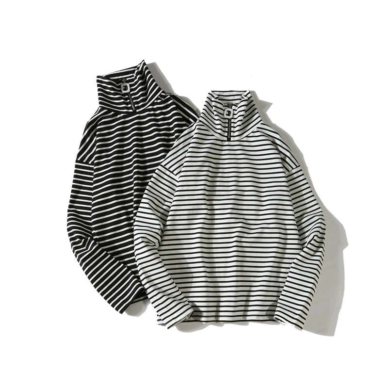 GMANCL Long sleeved mens stripe t shirt hip hop swag High street Loose cotton Retro Casual Mens autumn Turtleneck tee shirt