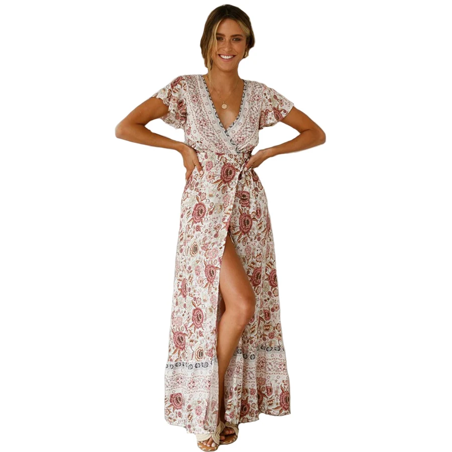 

Women‘s Summer Boho Floral Printed Maxi Dress Ladies Short Sleeve V-Neck Holiday Evening Party Beach Sundress NEW arrival