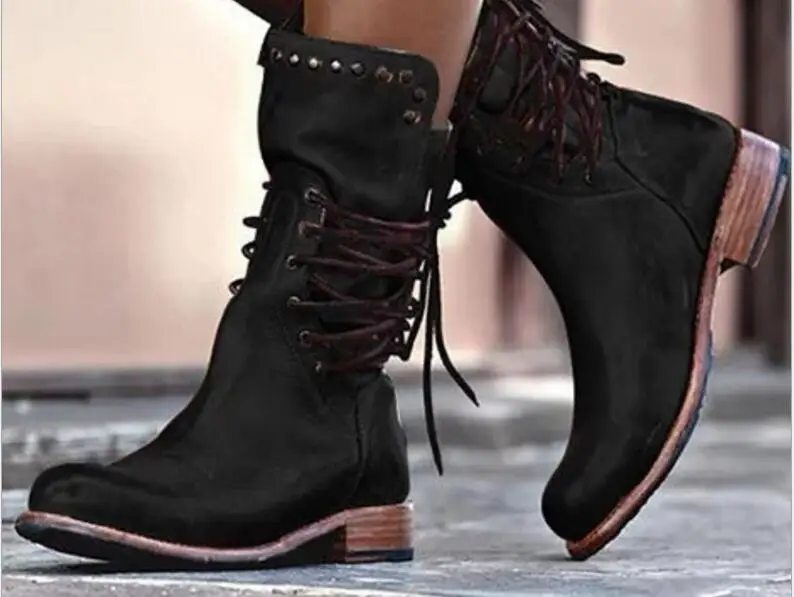 

Martin boots women mid calf waterproof pu leather warm retro ladies shoes lace up mid heels riding boots plus size zapatos mujer