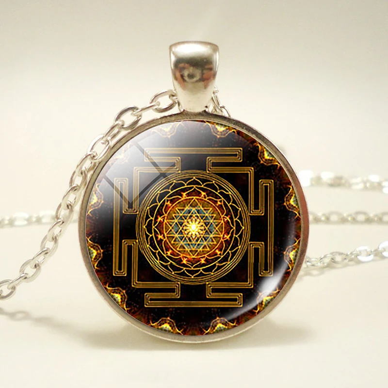 Goddess Sacred Geometry Cabochon Glass Tibet Silver Chain Pendant Necklace