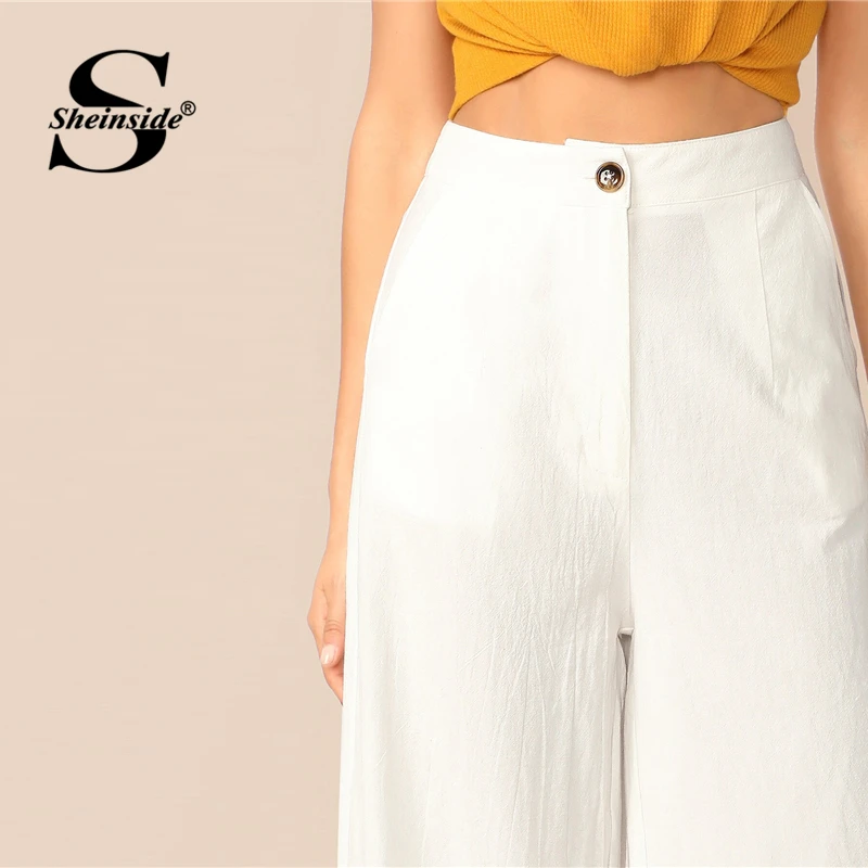 Sheinside Белые Повседневные широкие брюки на пуговицах для женщин летние укороченные брюки средней талии офисные женские однотонные минималистичные брюки