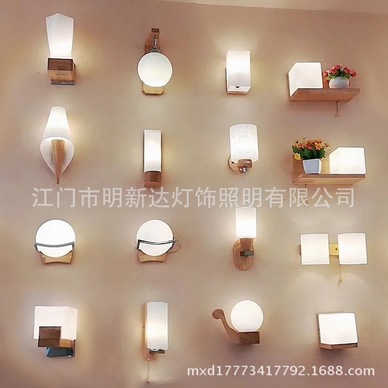 

Scandinavian Nordic Wall Wood Light Glass Lampshade Corridor Balcony Bedside LED Side Wall Lamps Interior for Home Decor