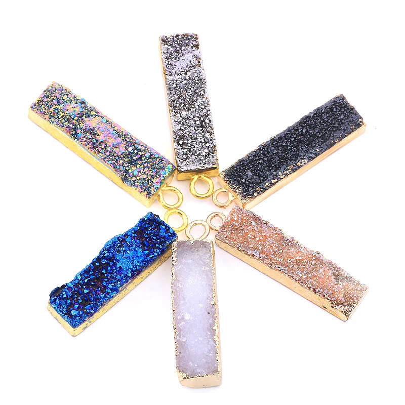 

Mankuu 8*30mm Rectangle Strip Druzy Pendants Gold Plating Natural Stone Pendants For Jewelry Making Raw Mineral Crystal Pendants