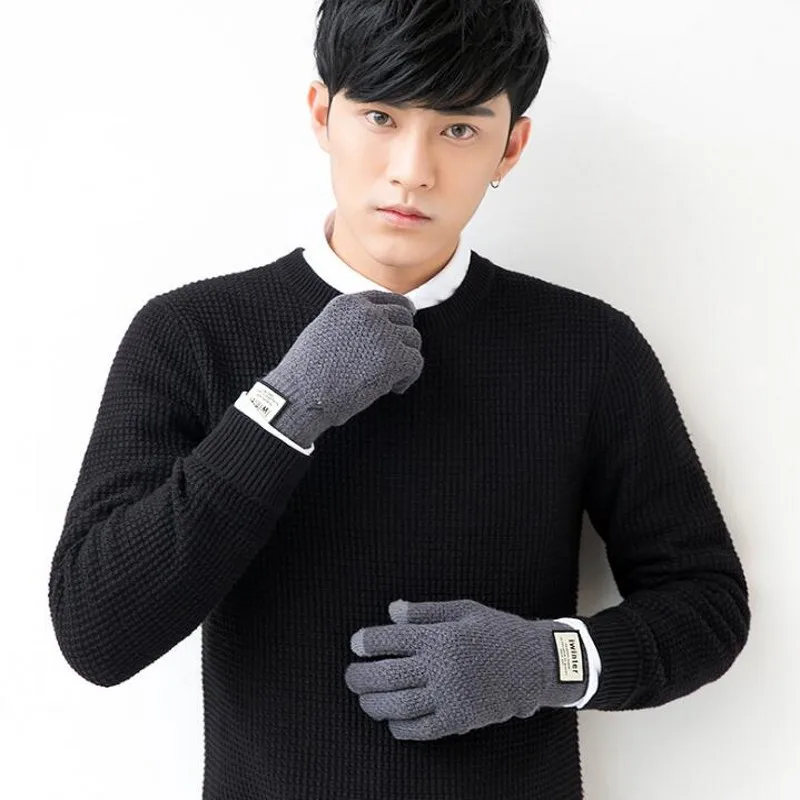 Зима-осень, мужские вязаные перчатки с сенсорным экраном, высокое качество, женские плотные теплые шерстяные кашемировые однотонные перчатки, парные варежки - Цвет: Man Gray