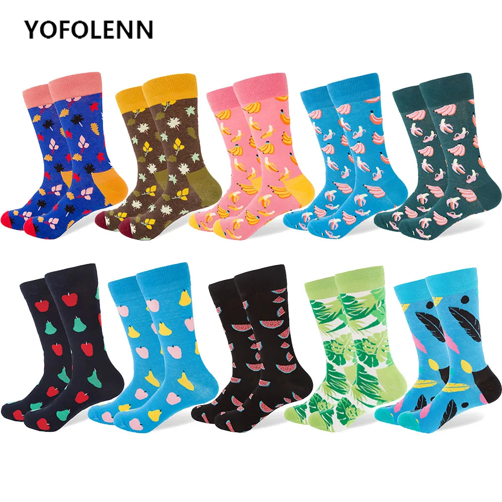 

10 Pairs/lot Colorful Men's Cotton Crazy Socks Casual Crew Funny Socks Avocado Banana Flamingos Pattern Novelty Streetwear
