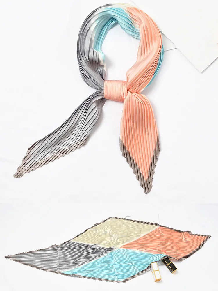Новые модные женские квадратные шелковые шарфы, цветные плиссированные женские шарфы 70X70 см, шарфы из Джерси