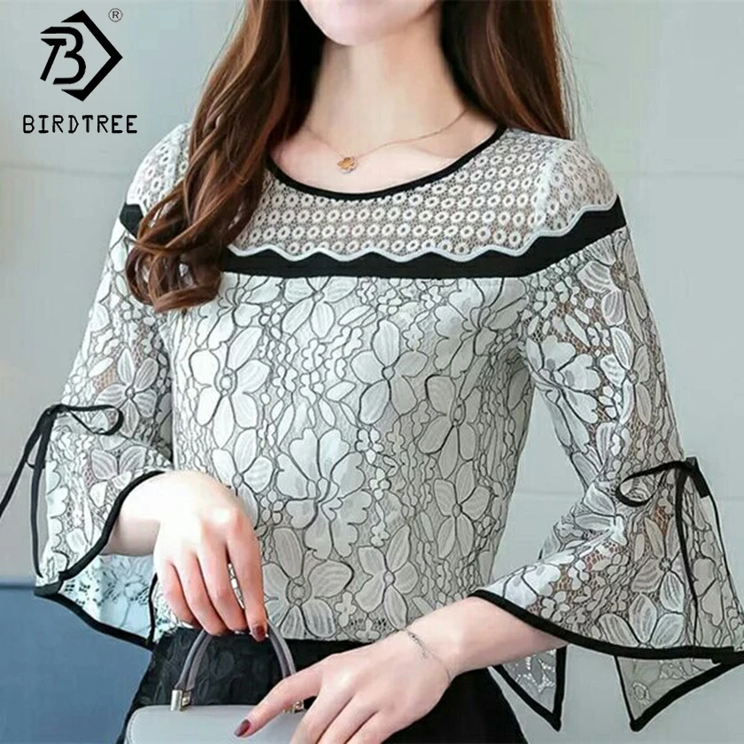 Tanie Kobiety Crochet Lace Bluzki Flare Rękawem Panie Topy Moda Bluzki Black amp; White Koszule 2018 Wiosna Kobiet Odzieży Hots T81030A