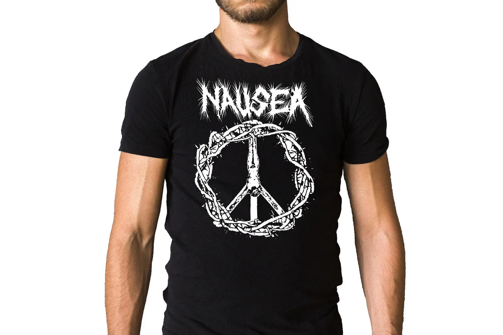 

Nausea NYC Crust Punk Band Iconic Jesus on A Cross Logo Black T-Shirt Short Sleeve Cotton T Shirt Man Clothing