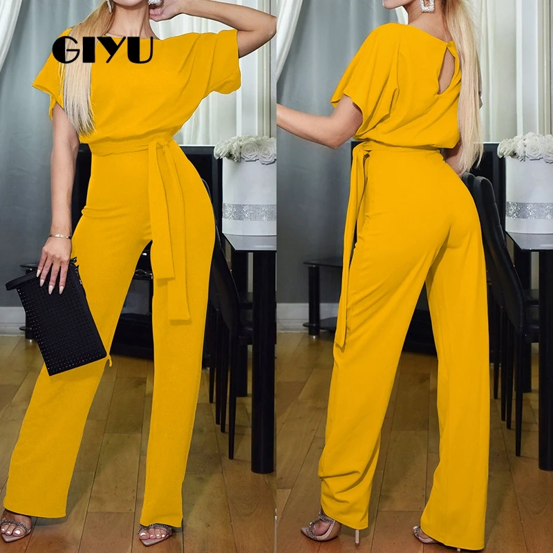 

GIYU Summer Jumpsuits Casual Loose Playsuits Women Long Overalls Sashes High Waist Tie Up Romper combinaison femme 2019