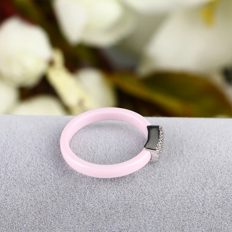 Najnowszy romantyczny 3mm różowe pierścienie dla kobiet srebrny kolor kryształu pierścienie ceramiczne w kształcie pierścienia biżuteria ślubna dla nowożeńców wykwintne