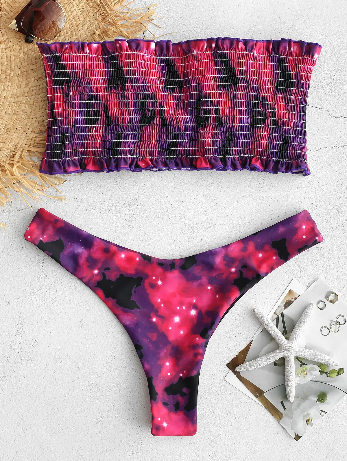 

ZAFUL Shirred Galaxy Print Bikini Set Bandeau Strapless Ruffle Push Up Bikini Women Brazilian Beach Swimsuit Bathing Biquini Top