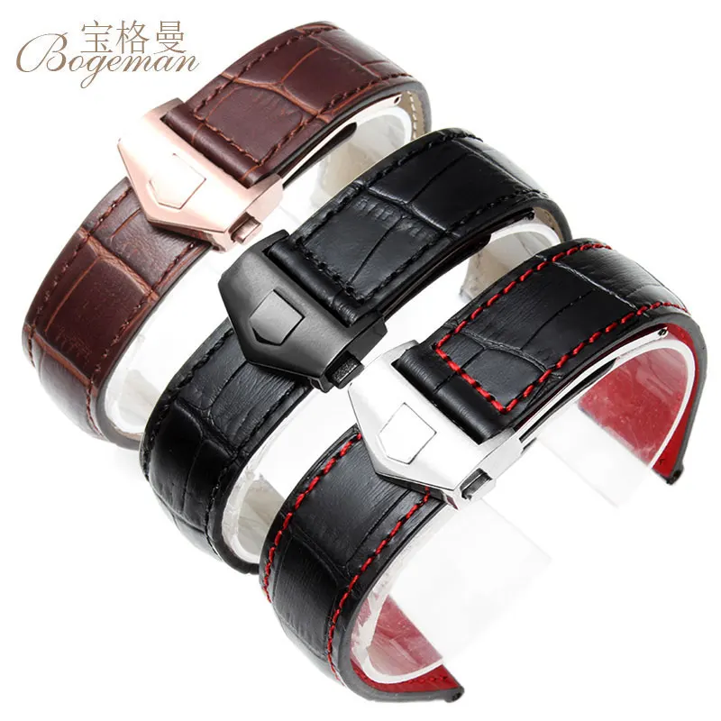 

22mm New Black Genuine Leather Watchband Watch Band Strap Bracelet With Red thread for men watches fashion stylish accessories