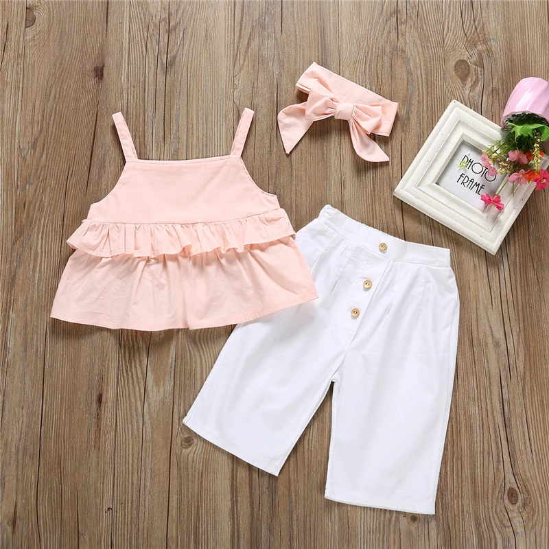 

3PCS Toddler Kids Baby Girl Ruffle Sling Tops Pants Leggings Outfit Sunsuit 1-6Y